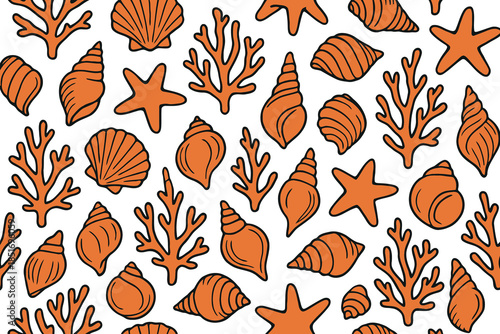 Hand Drawn Nautical Pattern with Orange Sea Shells and Coral on White