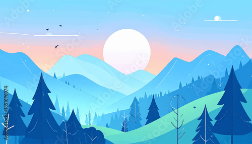 Stylized mountain scene with pines under a large sun, layered blue hues create depth and a calm atmosphere