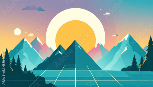 Stylized mountain landscape with sun and grid-pattern water; retro style
