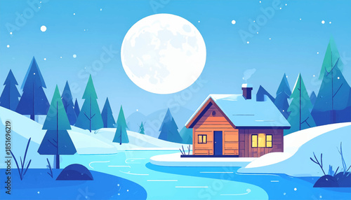 Winter scene with a moon, cabin, trees, and snowy river in shades of blue, white, and orange