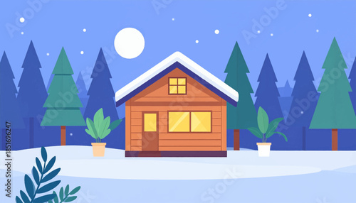 Winter scene with cabin, snow-covered ground, trees, and a full moon, depicted in a simplistic vector illustration