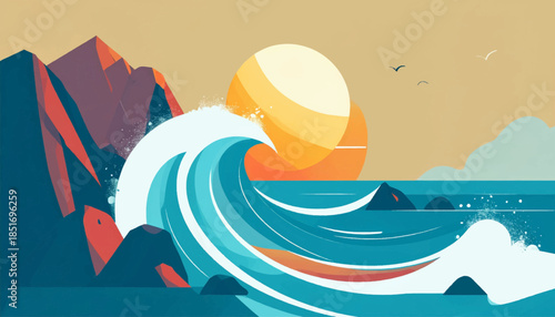Stylized scene of mountains, a breaking wave, sun and ocean; birds fly across the scene in the distance