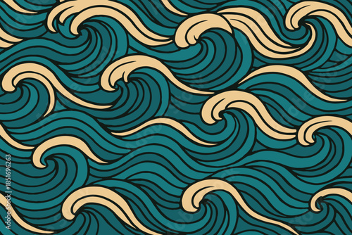 Traditional Japanese Style Ocean Waves Seamless Pattern in Teal and Cream