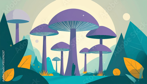 Stylized mushroom landscape with violet fungi, teal foliage, and geometric shapes under a muted, bright sky