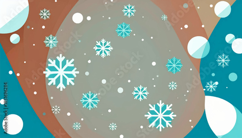 Winter scene with snowflakes and circles against curved bands in muted teal, brown, and grey