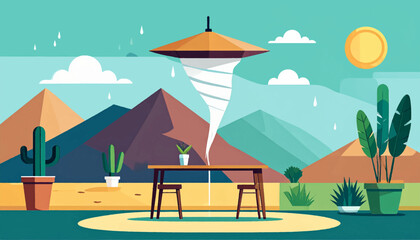 Gordijnen Koraalgroen Stylized desert landscape with table under umbrella and plants in pots, minimalist art style  © Fiana