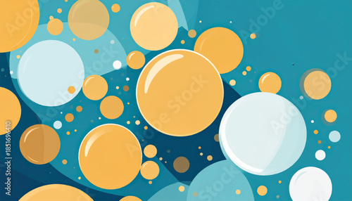 Teal backdrop with stylized gold and white orbs of varying sizes, casting simple shadows