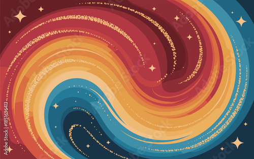 Vibrant swirling patterns of blue, orange, and red hues dance amidst golden stars in a mesmerizing abstract illustration