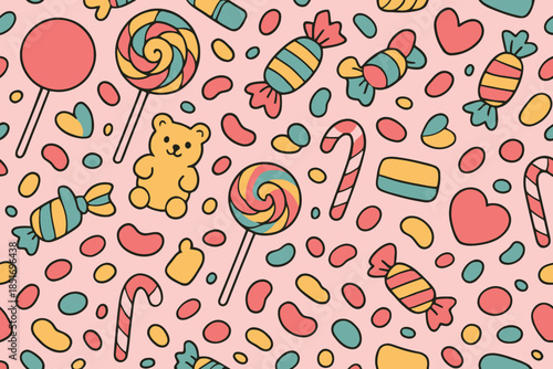 Sweet Candy and Lollipop Seamless Pattern with Gummy Bears on Pink Background