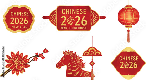 Fire Horse Watercolor Clip Art Set – Elegant Chinese New Year 2026 Elements: Horse, Lantern, Red Envelope, Gold Brush, Plum Blossom, Lunar Festival Illustration Pack