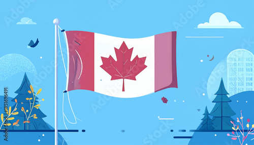 Stylized image of the Canadian flag waving outdoors against a bright blue sky with trees and a city scene