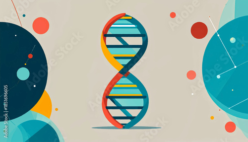 Stylized DNA double helix with circles & lines on beige