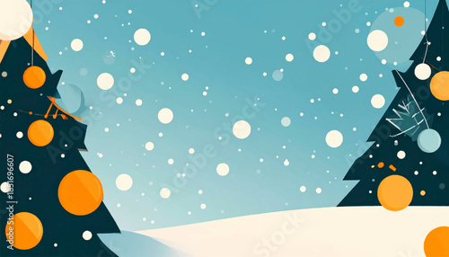 Wintery scene with snow falling, decorated evergreen trees, and a snow-covered ground