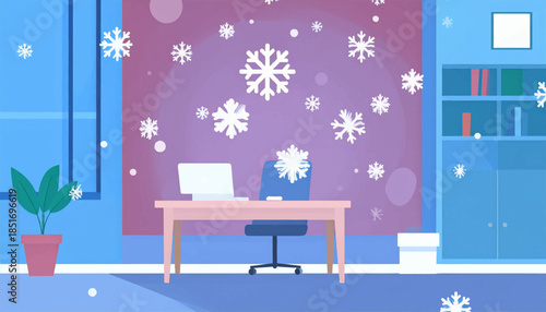 Wintery, stylized, cartoon-like office with snowflakes falling. Indoor setting, desk, chair, computer, plant, bookcase