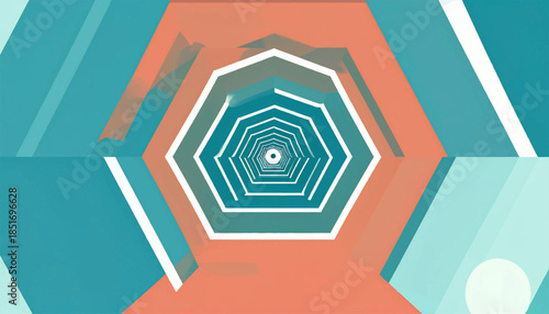 Teal, orange, white geometric tunnel receding into a center point