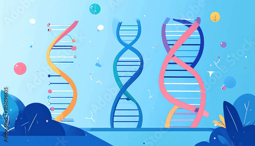 Stylized DNA strands rendered in blue, pink, and yellow hues, accented by geometric flora, against a cyan backdrop