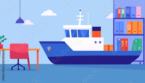 Stylized drawing large ship indoors behind desk and shelves against light-blue backdrop, white clouds