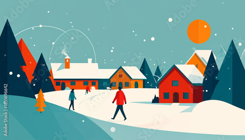 Wintery village scene, rendered with flat stylized shapes, features walking figures, homes, trees and snowfall