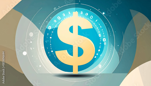 Stylized dollar sign in a teal circle, surrounded by zeros and ones, set on muted curved background