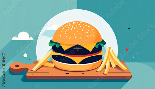 Stylized drawing of a burger and fries on a wood plank against a teal backdrop with a white circle