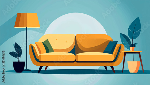Stylized drawing of a retro-inspired living room scene with a yellow couch, lamp, and plants against a blue backdrop