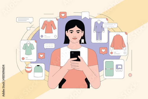 A woman browsing clothing on her mobile device surrounded by digital icons and notifications