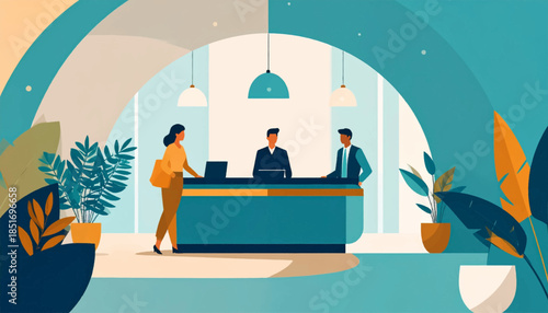 Teal reception area with 2 employees & a patron in warm tones, lush plants in pots, modern, minimalist art