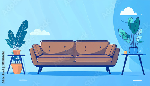 Stylized drawing of couch with plants on side tables against blue background with clouds