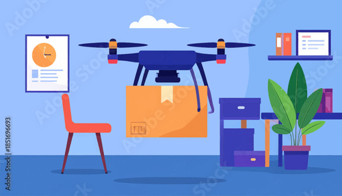 Stylized drone delivery in a minimal room with a chair, plant, shelves, and a cloud, on a blue background