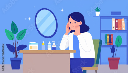 Woman applying face cream in front of a mirror in a room with plants and a bookshelf, styled illustration
