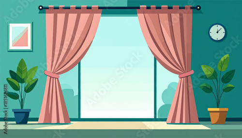 Teal room with pink curtains, window view, potted plants and clock. Flat, cartoon style