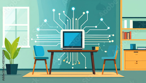 Teal room with desk, computer, two chairs, houseplant, and yellow cabinet. Tech lines emanate from the screen