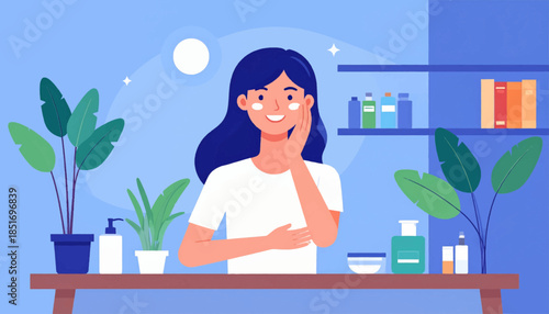 Woman applying face cream in room with plants, shelves and toiletries, in a flat vector style illustration