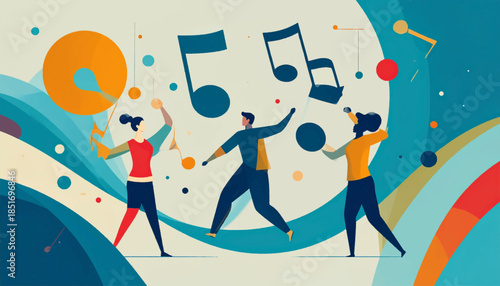 Stylized figures dance around floating musical notes on a vibrant, abstract background