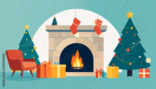 Stylized festive scene with fireplace, decorated trees, chair, presents, and cozy holiday vibe in flat design