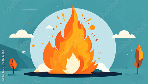 Stylized fire burns brightly in a flat, serene landscape with trees, clouds, and a moon-like circle