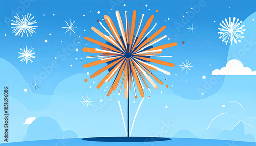 Stylized fireworks burst in blue sky with clouds and starbursts. Celebration