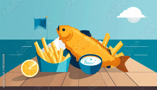 Stylized fish and chips with lemon, sauce, on wooden dock, against a sea and sky background, minimalist