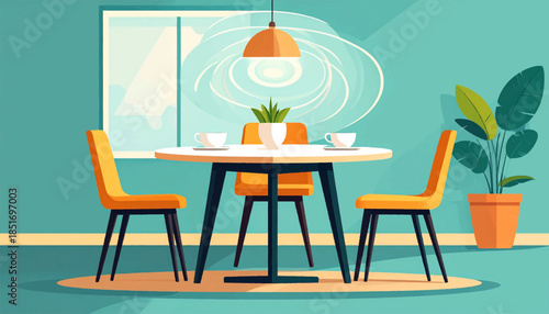 Teal room with round table, three chairs, hanging lamp, plant, window, and a spiral wall decoration