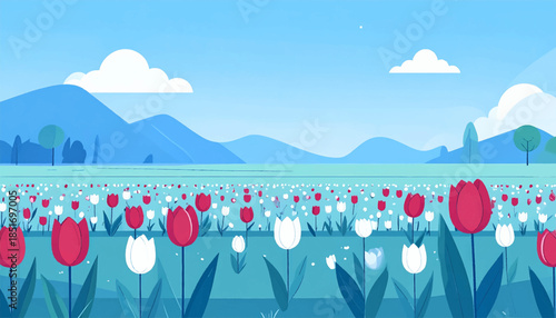Stylized flat illustration of a tulip field under a blue sky with distant mountains