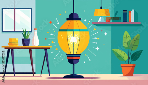 Stylized flat illustration of a room featuring furniture, plants, and a glowing central decorative lamp