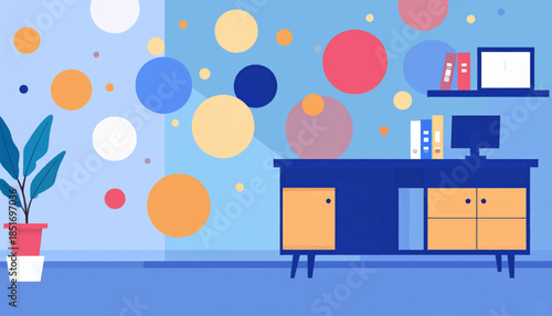 Stylized, flat illustration of an office space with a desk, potted plant, books and a patterned background