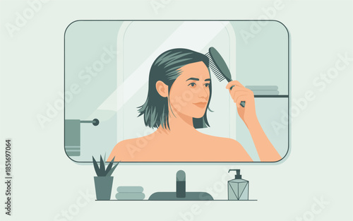 A woman is combing her hair in front of a bathroom mirror with various grooming tools on the counter