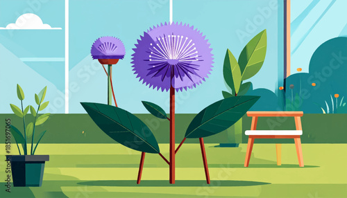Stylized indoor scene features a vibrant purple flower, lush greenery, and a stool against a sunlit window backdrop