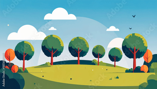 Stylized, flat landscape with trees, birds, and clouds against a blue sky background