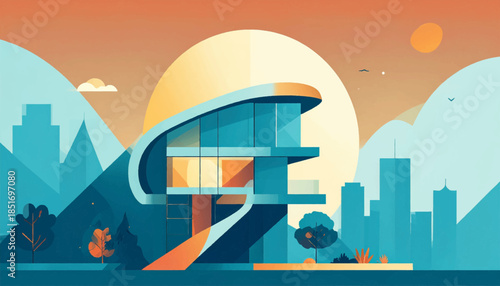 Stylized flat modern house with cityscape background and a warm color palette in a blue hue