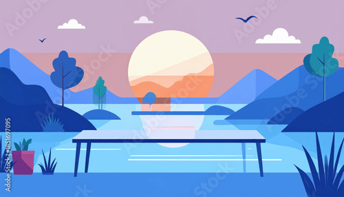 Stylized, flat vector landscape with lake, sunset/sunrise, table, potted plants, clouds and birds