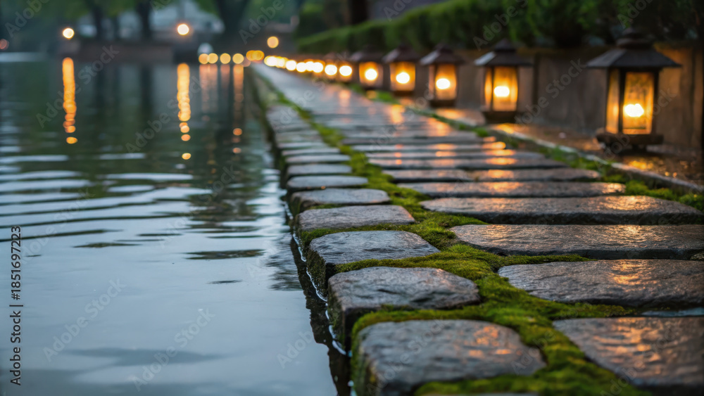custom made wallpaper toronto digitalCultural travel experience. Moss covered stone pathway by water with glowing lanterns creating serene atmosphere