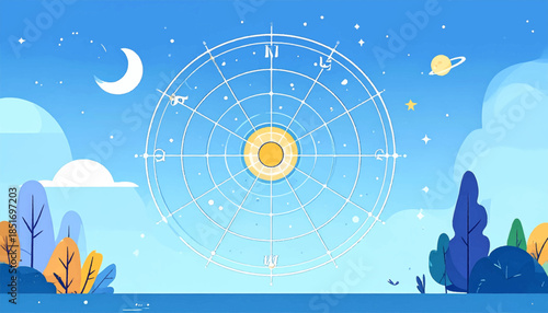 Stylized scene of trees, a compass rose, moon, planets, and stars against a light blue sky