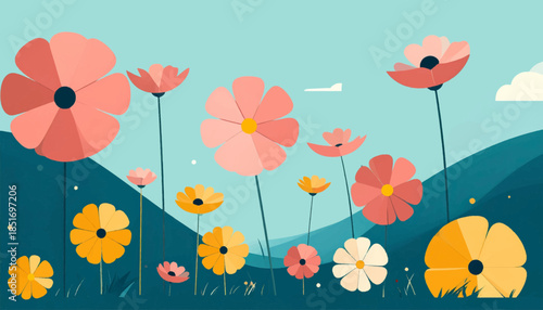 Stylized floral meadow with a light blue sky and low rolling teal hills in the background
